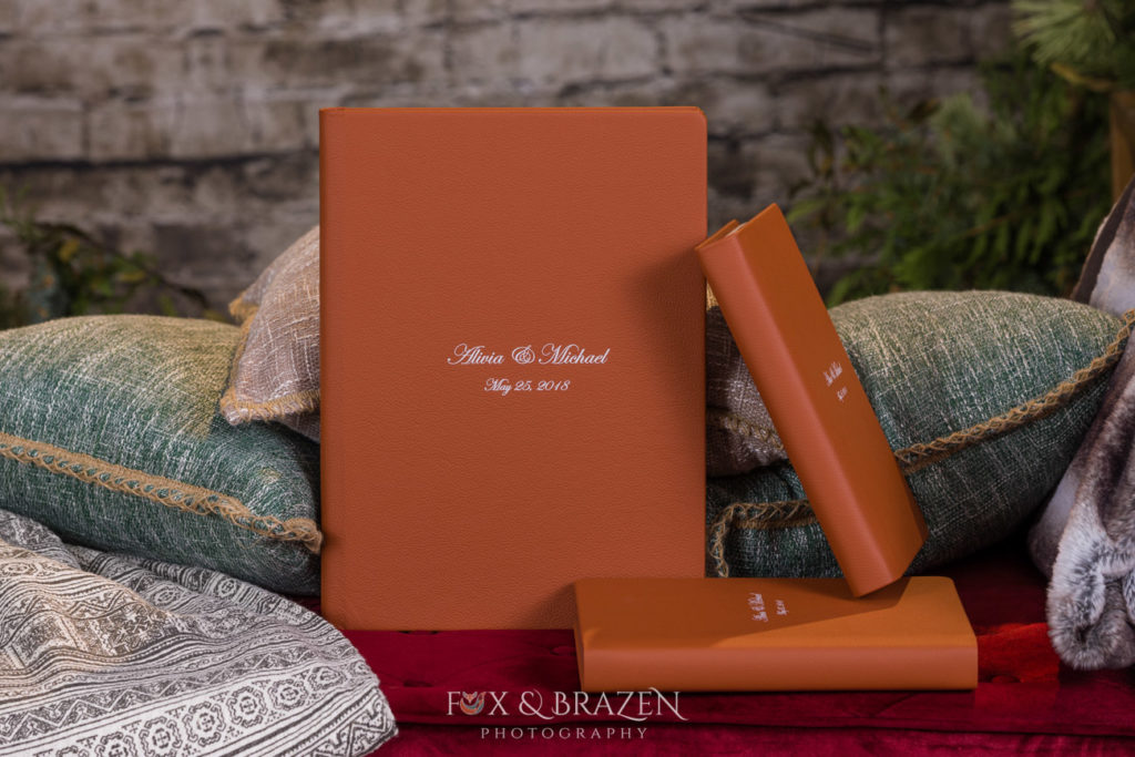 Wedding album with brown leather cover and two parent albums
