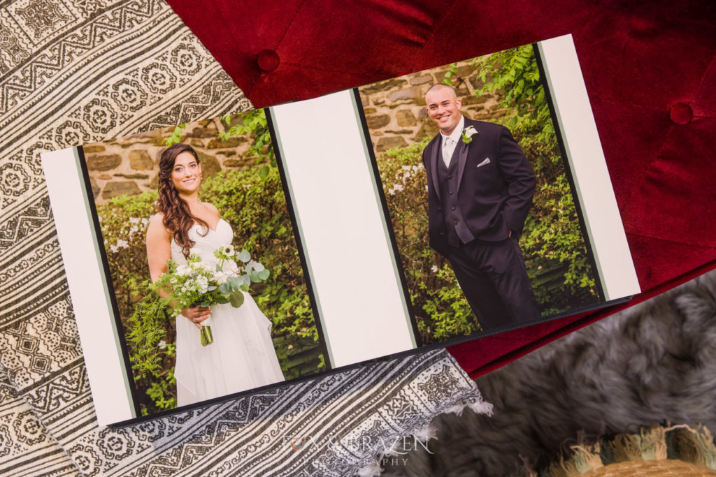 bride and groom in their wedding album