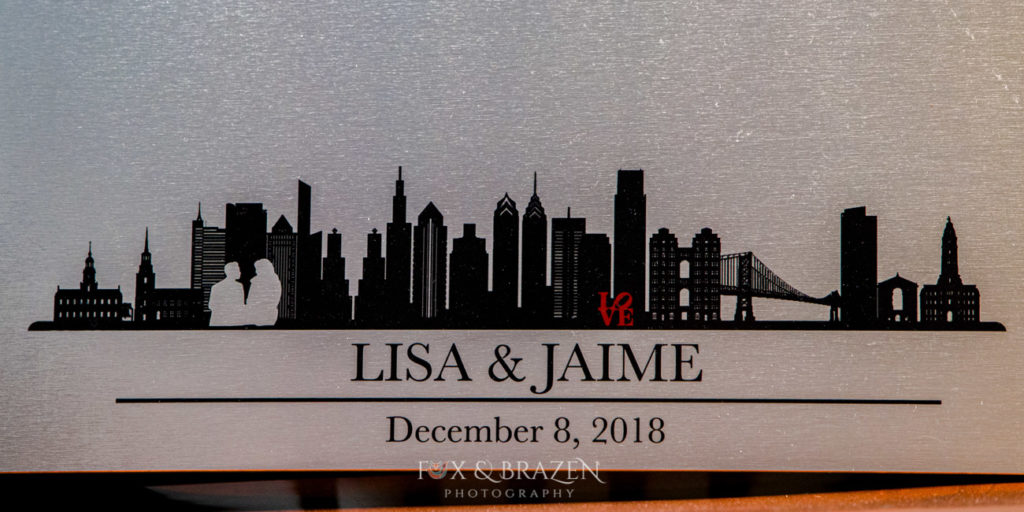 Philadelphia skyline on metal wedding album cover