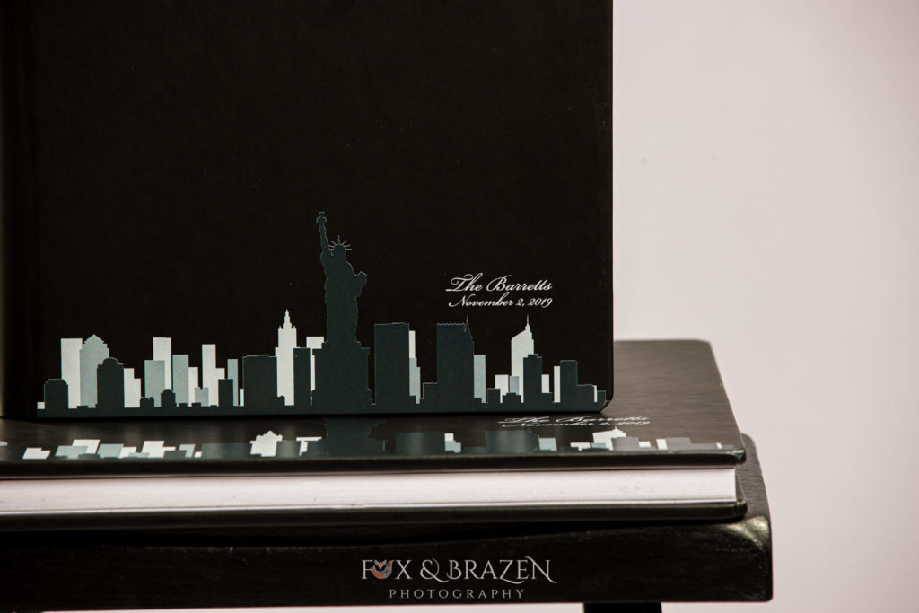 Closeup of New York City Skyline on Wedding Album Cover