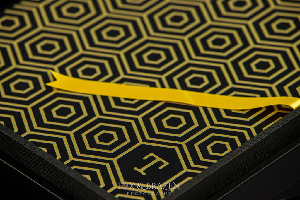 fun geometric pattern on wedding album with black leatherette cover