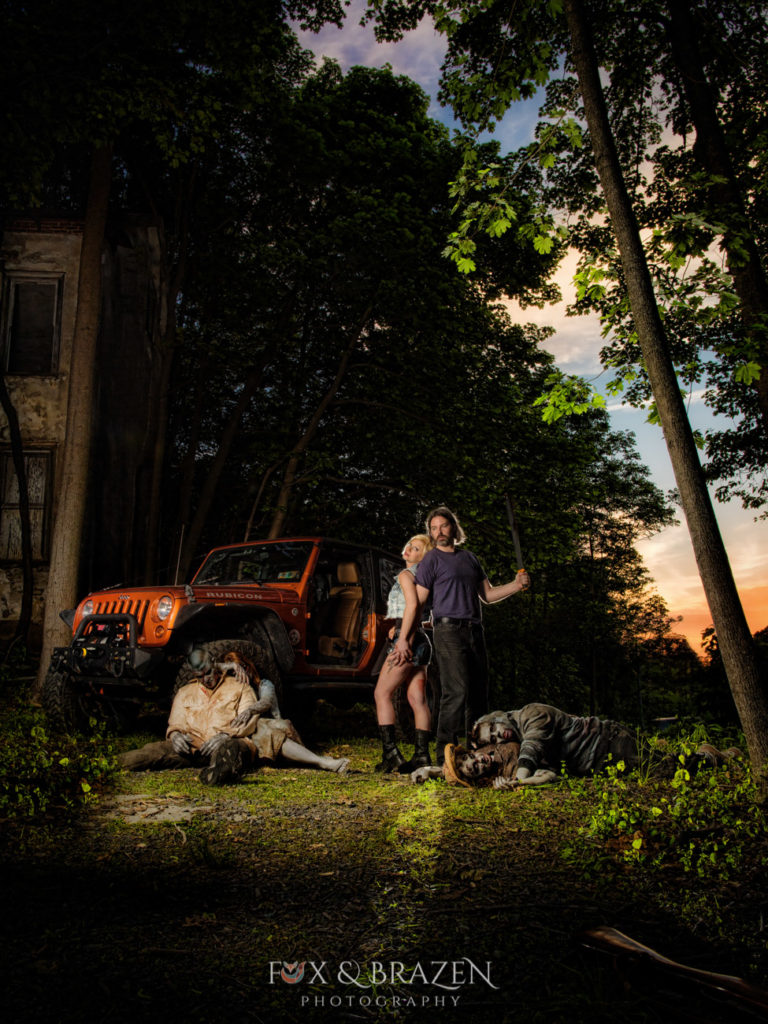 Zombie hunters and jeep rubicon at engagement photography session