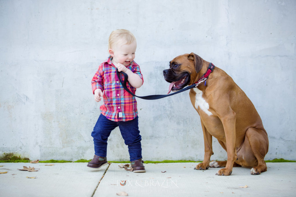 Little boy and dog on leash