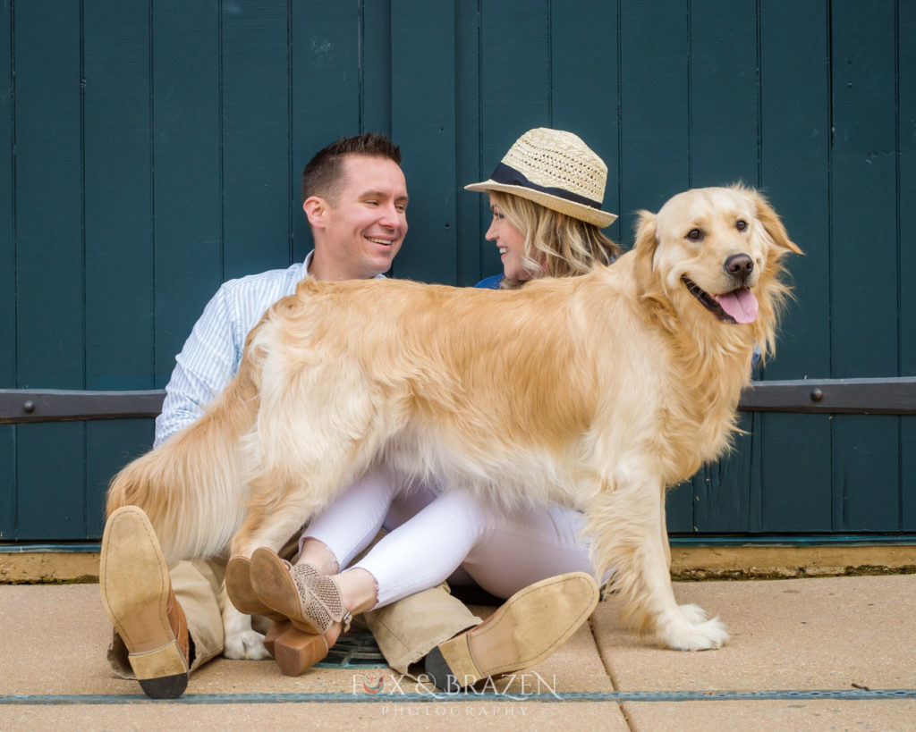 Dog stands on top of two adults