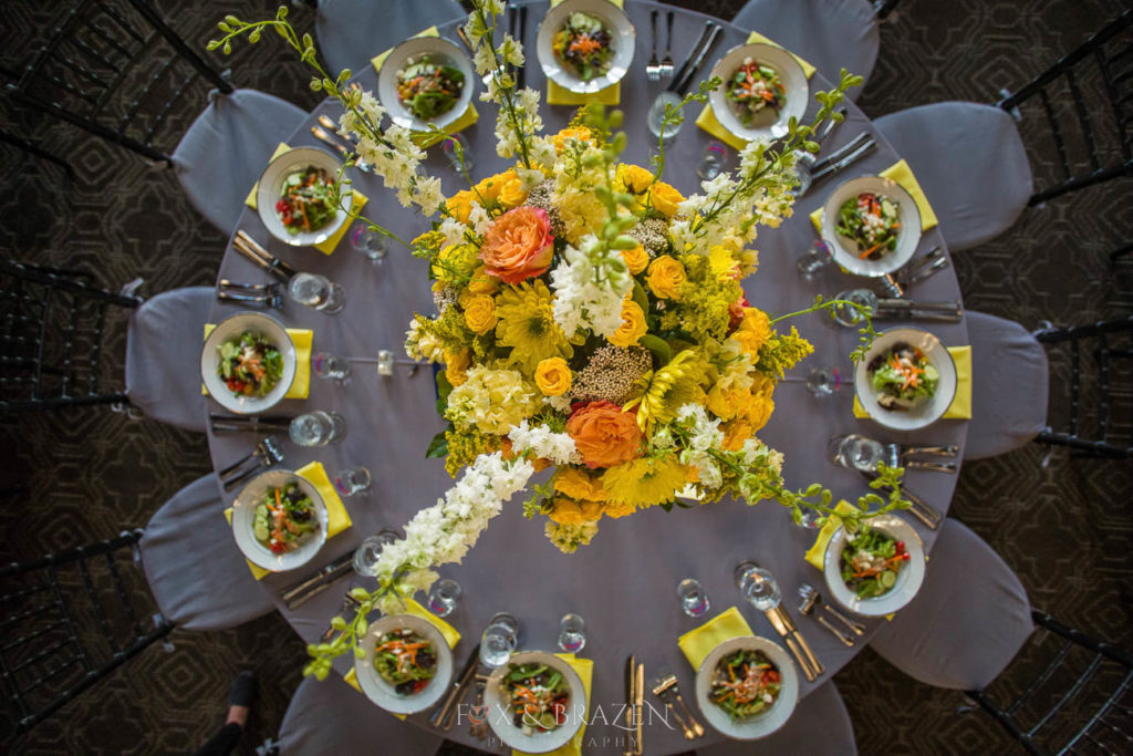 Table Setting with flower center piece from above