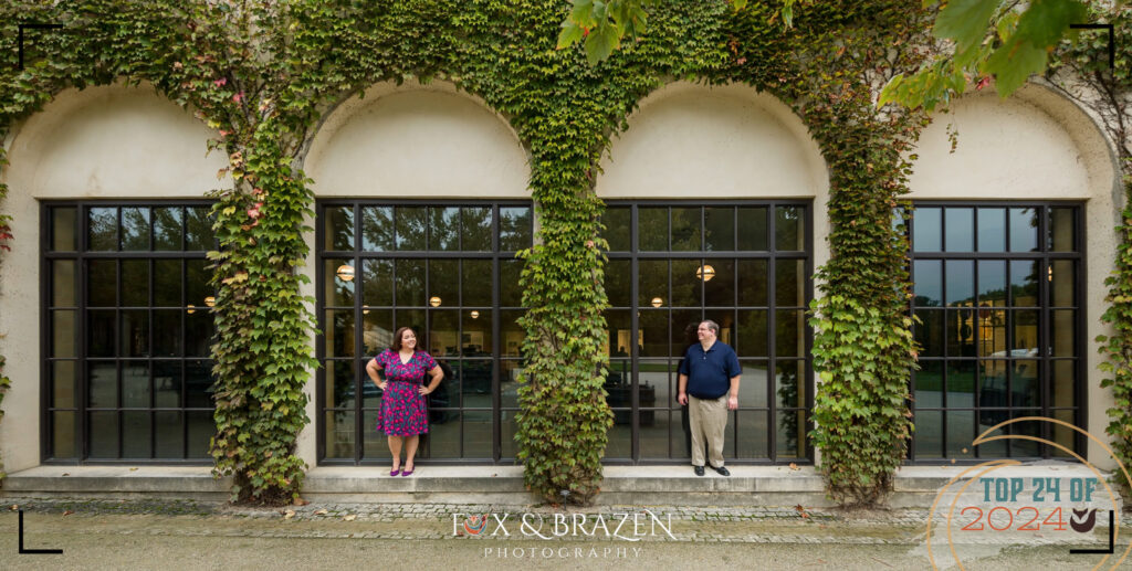 Couple posing in stunning Longwood Gardens scenery.