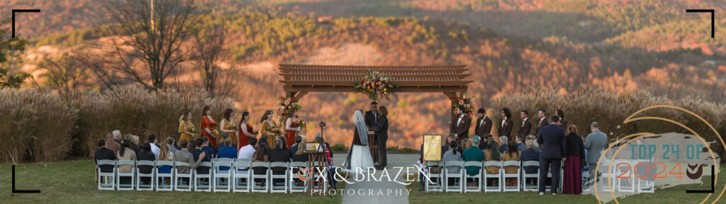 Couple gets married outdoors in 2024 surrounded by autumn mountains.