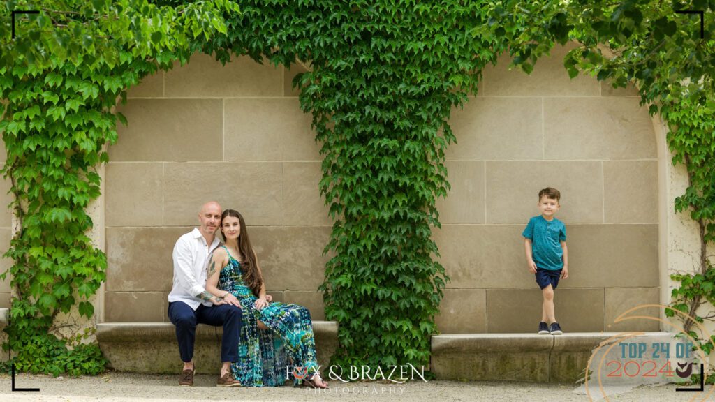 Formal family portrait taken at Longwood Gardens during a milestone moment.