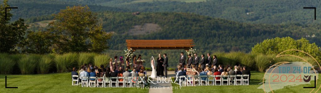 Wedding ceremony with panoramic views at Blue Mountain Resort.