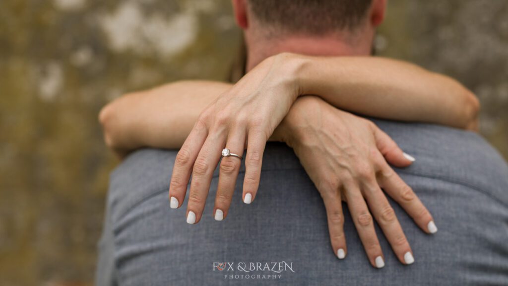 Close-up of engagement ring on bride-to-be’s hand at Valley Forge Engagement Photography.